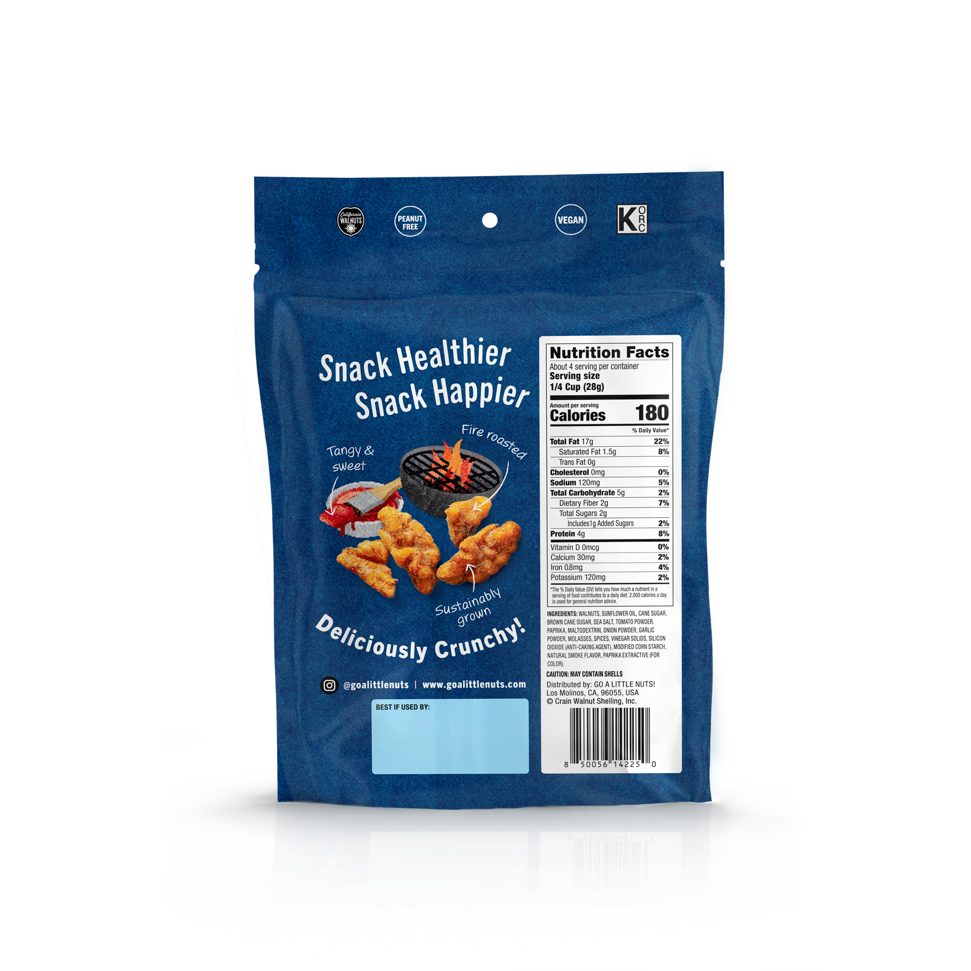 Blue snack packaging with nutritional information and branding.