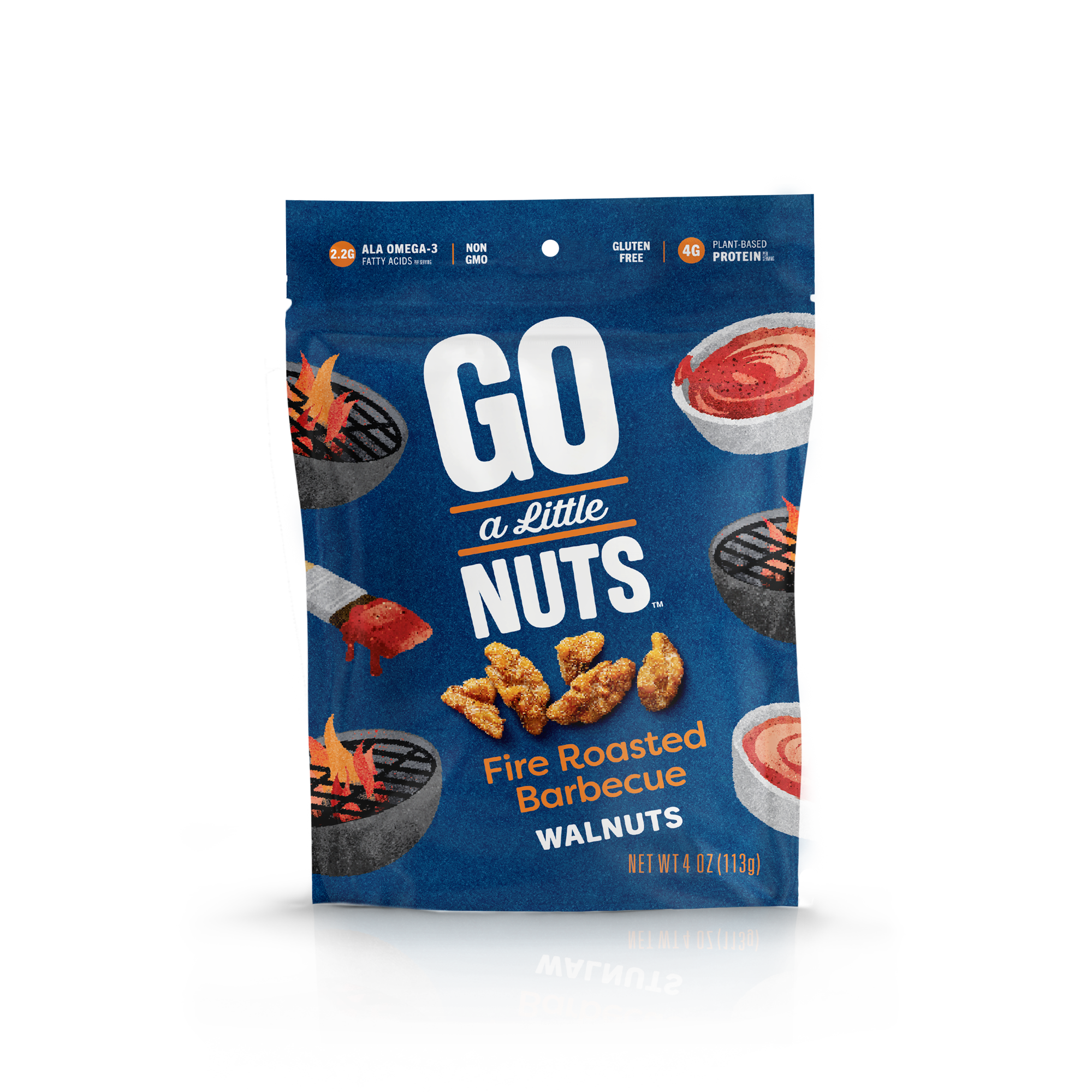 A package of Go A Little Nuts Fire Roasted Barbecue Walnuts with images of walnuts and barbecue elements on the front.