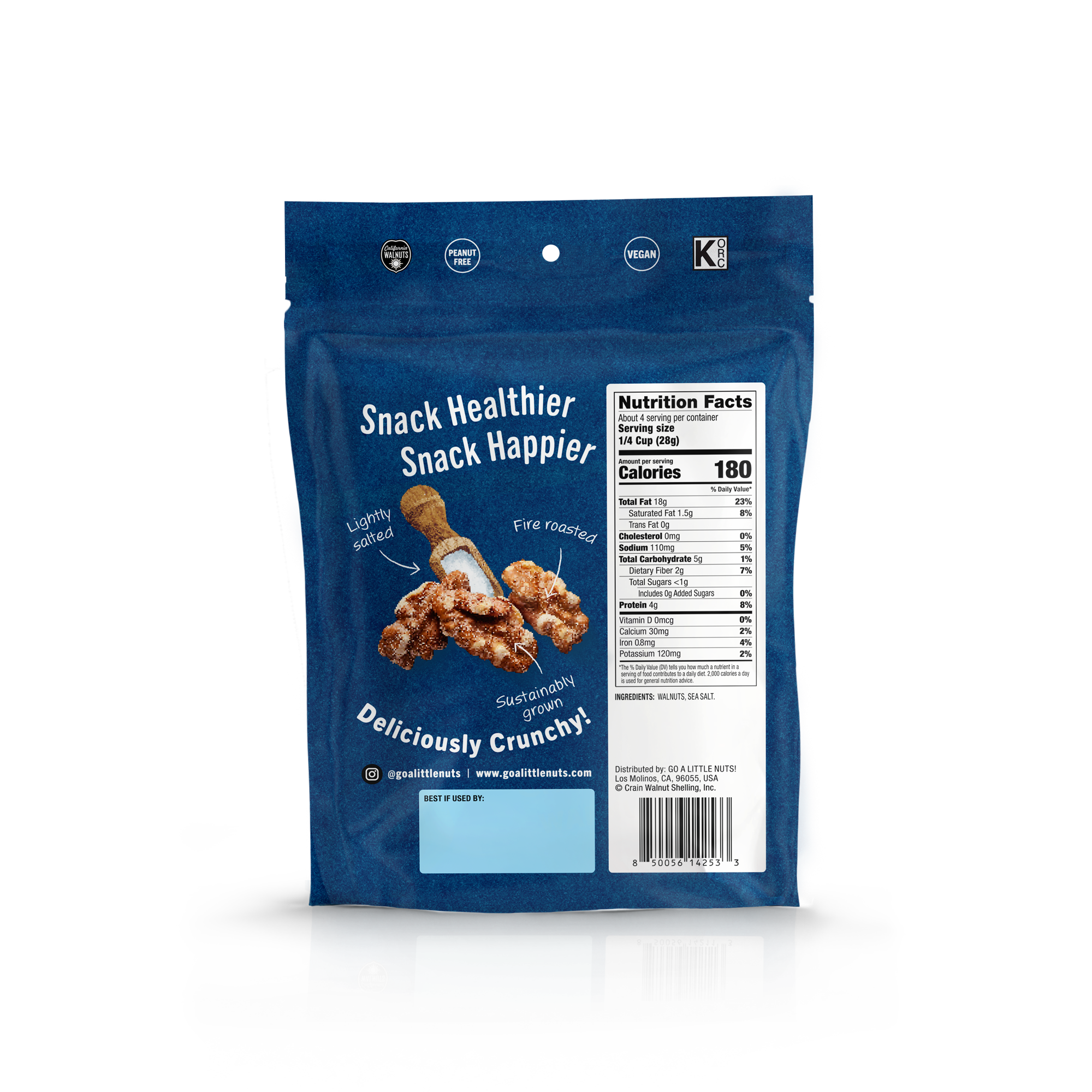 Blue snack packaging with nutritional information and branding.