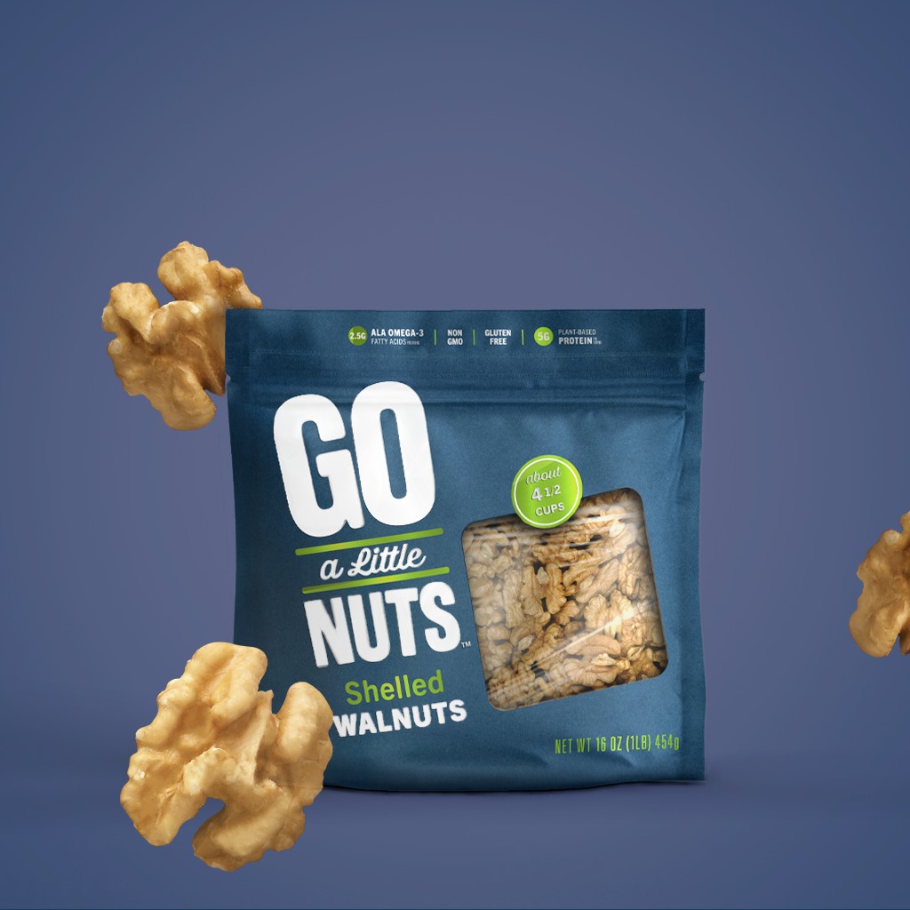 Banner image of a bag of shelled walnuts on a blue background, with walnut kernels around it.