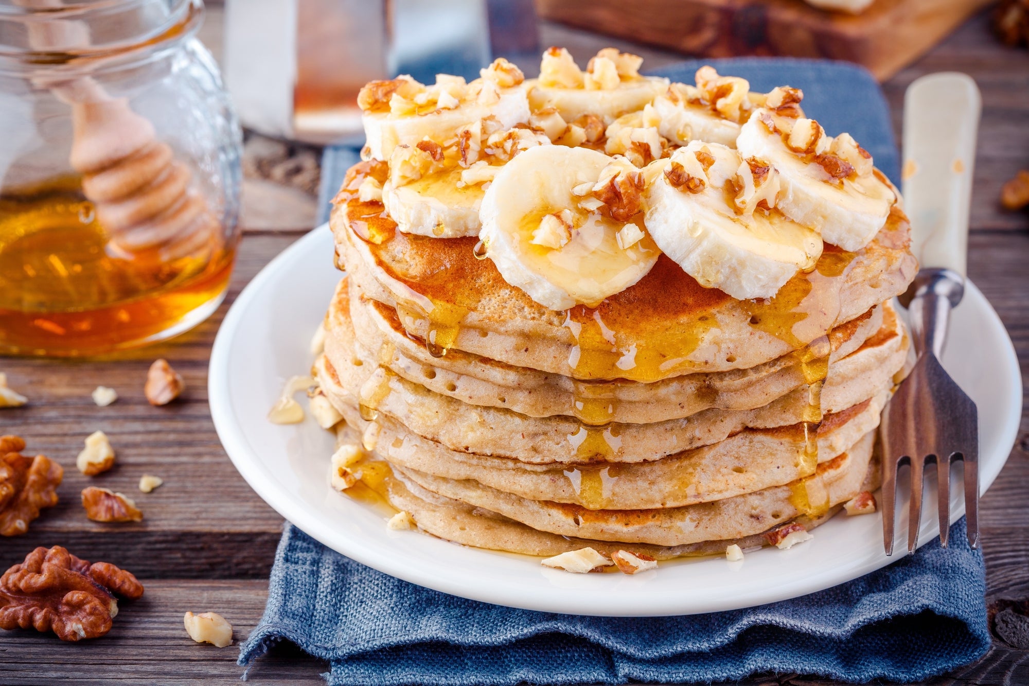 Banana Walnut Protein Pancakes