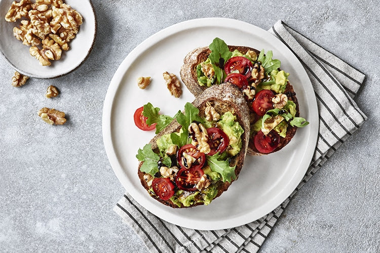Avocado, Arugula, Tomato, and Walnut Toast