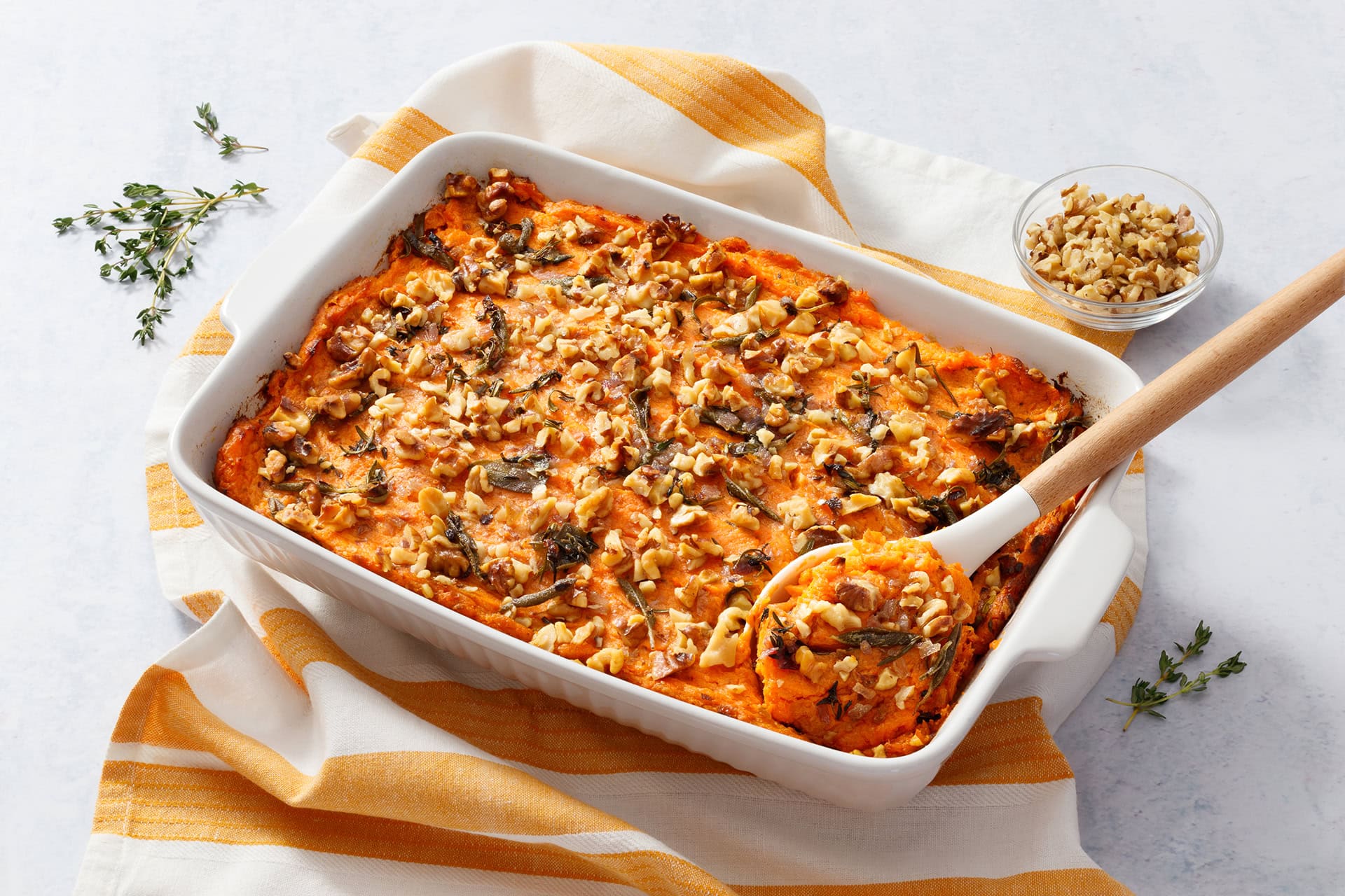 Savory Sweetpotato Casserole with Herbs, Walnuts, and Brown Butter