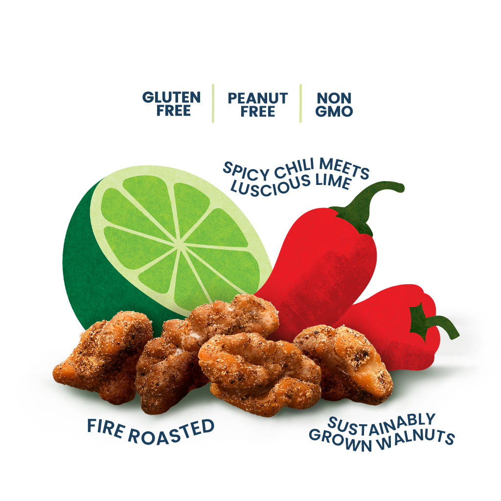 Chili lime walnuts with gluten-free, peanut-free, and non-GMO labels, featuring images of lime and chili peppers.