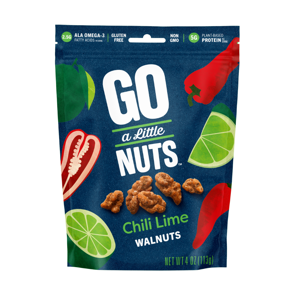 Chili Lime Walnuts, product image, 4 oz bag, gluten-free, non-gmo, 2.5g ALA omega-3 fatty acids per serving, 5g plant-based protein per serving