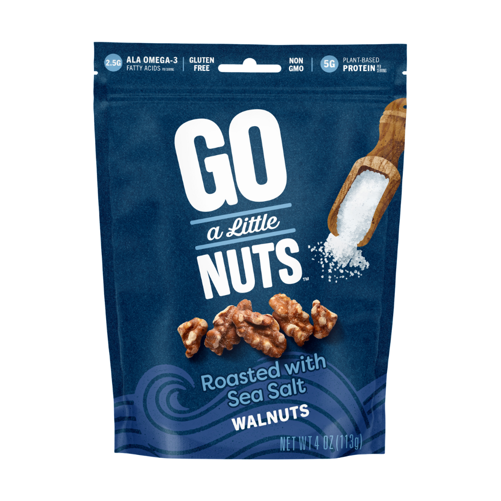 Roasted With Sea Salt Walnuts, product image, 4 oz bag, gluten-free, non-gmo, 2.5g ALA omega-3 fatty acids per serving, 5g plant-based protein per serving