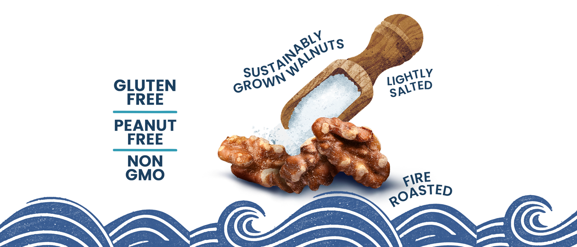 Sea Salt Walnut product highlights banner with gluten-free, peanut-free, and non-GMO labels, a photo of walnuts and an illustration of sea salt with a scoop
