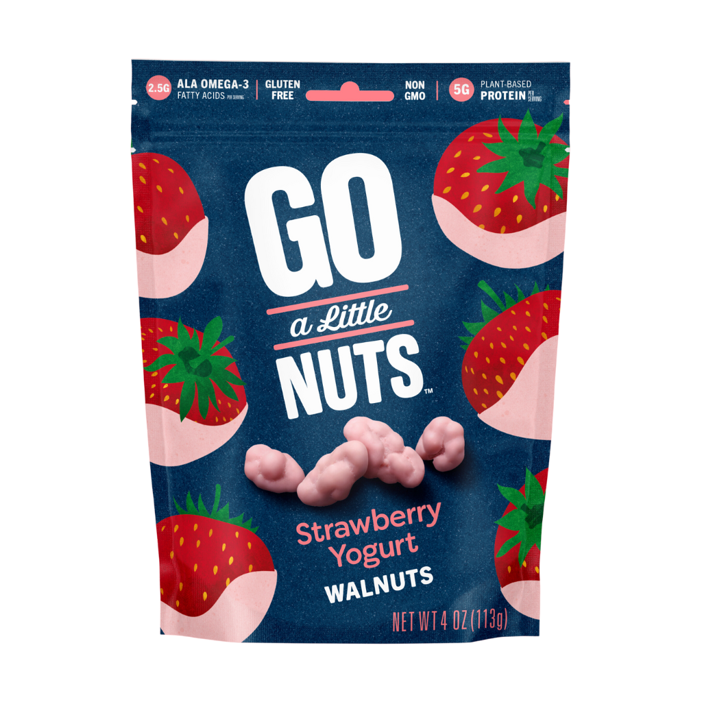 Strawberry Yogurt Walnuts, product image, 4 oz bag, gluten-free, non-gmo, 2.5g ALA omega-3 fatty acids per serving, 5g plant-based protein per serving